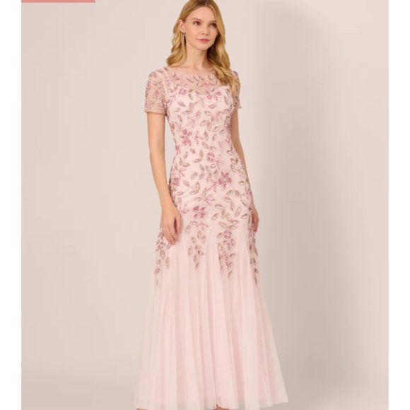 Plus size HAND BEADED SHORT SLEEVE FLORAL GODET GOWN IN BLUSH PINK - Picture 1 of 4
